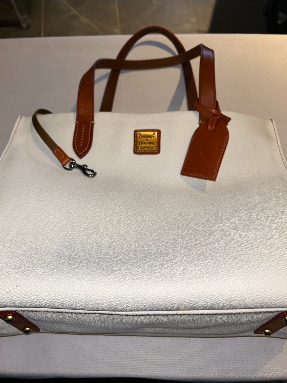 Dooney & Bourke White Leather Tote with Cognac Trim